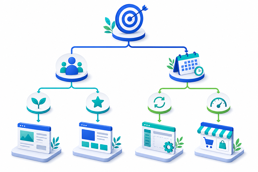 Criterios para elegir un plan web Árbol de decisión que conecta objetivo y frecuencia de actualización con distintos tipos de sitio web