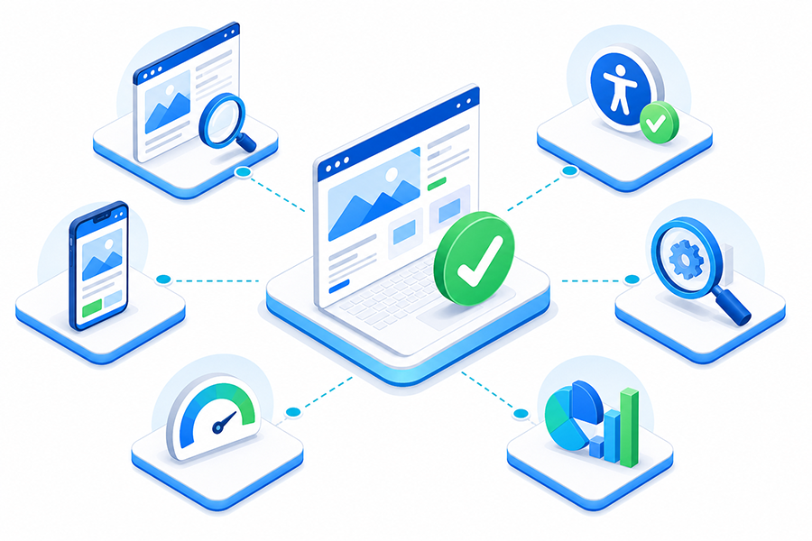 Checklist integral de calidad web Controles conectados de contenido, móvil, rendimiento, accesibilidad, SEO y analítica