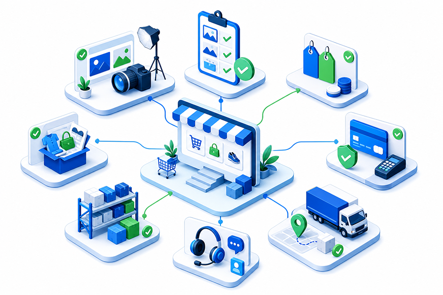 Qué preparar antes de lanzar una tienda online Componentes de catálogo, fotografías, precios, pagos, inventario, entregas y atención conectados con una tienda online