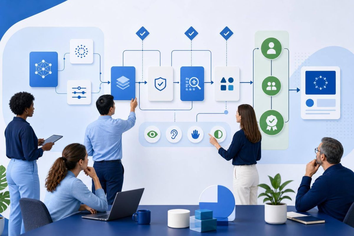 Proceso de revisión y etiquetado de contenido creado con IA Equipo definiendo una política para identificar usos de inteligencia artificial