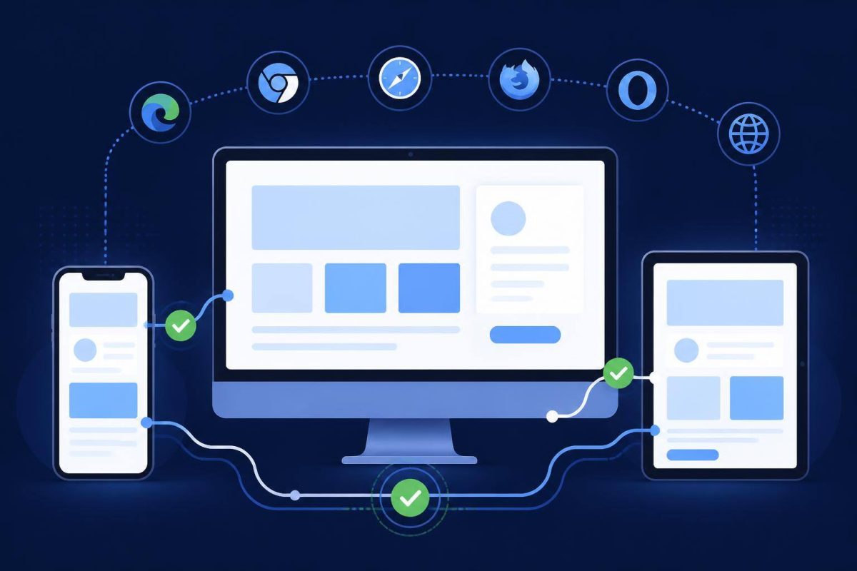 Plan de pruebas entre navegadores Esquema visual de pruebas web en navegador móvil y escritorio