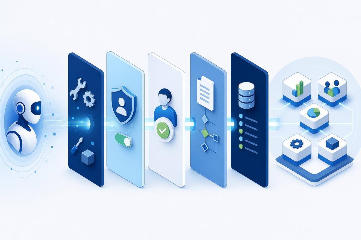 Capas de control para integrar agentes con software empresarial Diagrama conceptual de permisos, herramientas, aprobaciones y registros entre un agente y un sistema empresarial