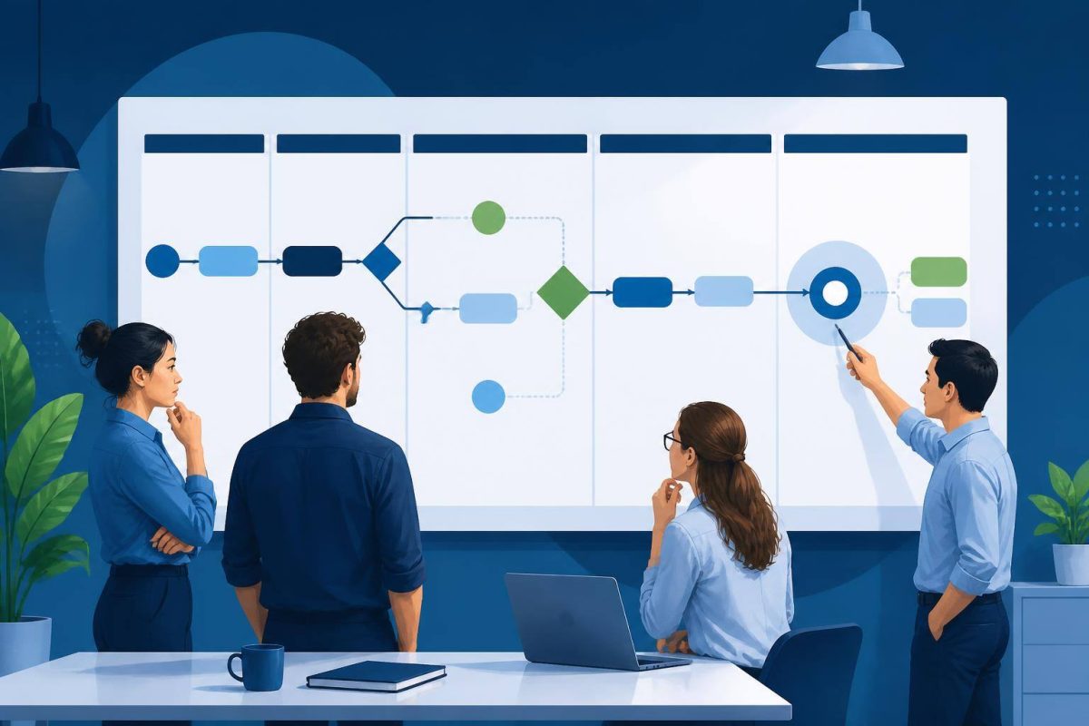 Equipo revisando un tablero de proceso con estados y decisiones