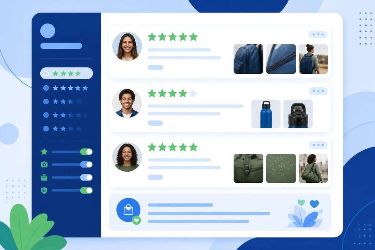 Sistema transparente de reseñas de producto Panel de reseñas con fotos de clientes y respuesta de una tienda