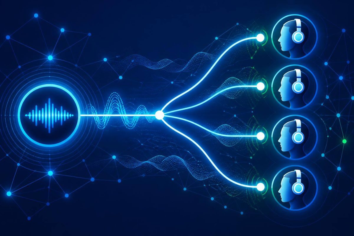 Cómo calcular la capacidad de streaming Diagrama conceptual de bitrate, oyentes simultáneos y transferencia de una radio online