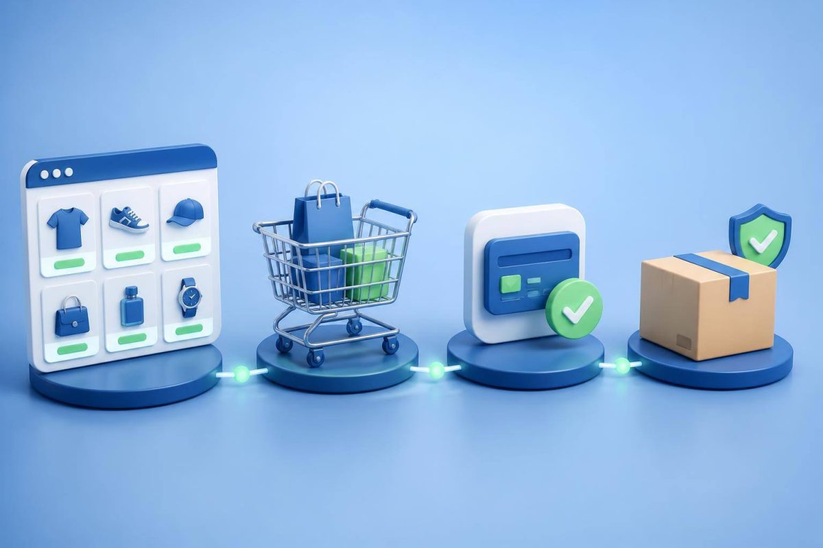 Del catálogo a la entrega: el recorrido de una tienda online Esquema de un recorrido de compra con catálogo, pago y preparación del pedido
