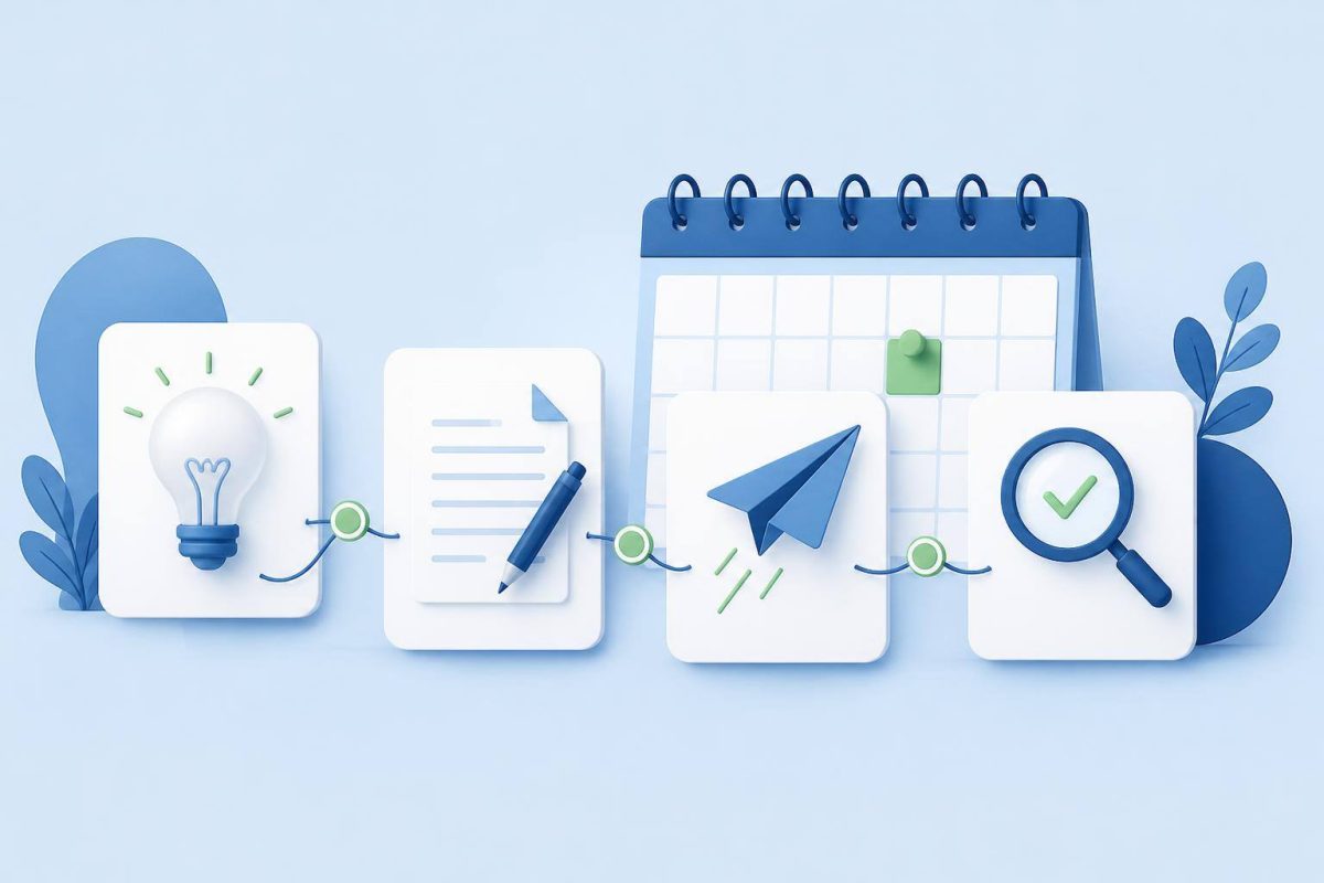 Esquema visual de un calendario editorial con etapas de idea, producción, publicación y revisión