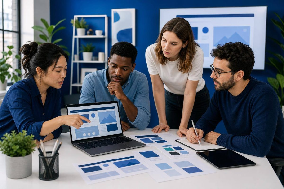 Equipo de marketing planificando una página de destino para una campaña digital