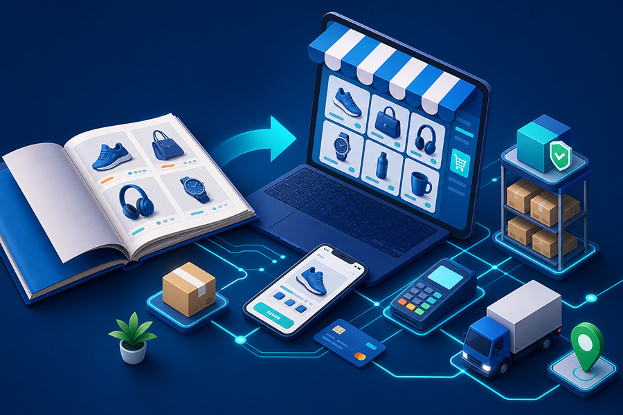 Catálogo físico transformándose en una tienda online conectada con pagos, stock y entregas