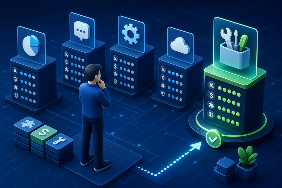 Persona comparando distintas herramientas digitales mediante criterios de utilidad, costo, integración y seguridad