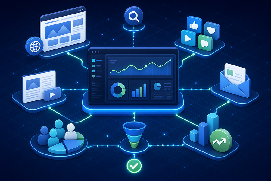 Sistema de marketing digital con analítica, contenidos, audiencias y canales conectados