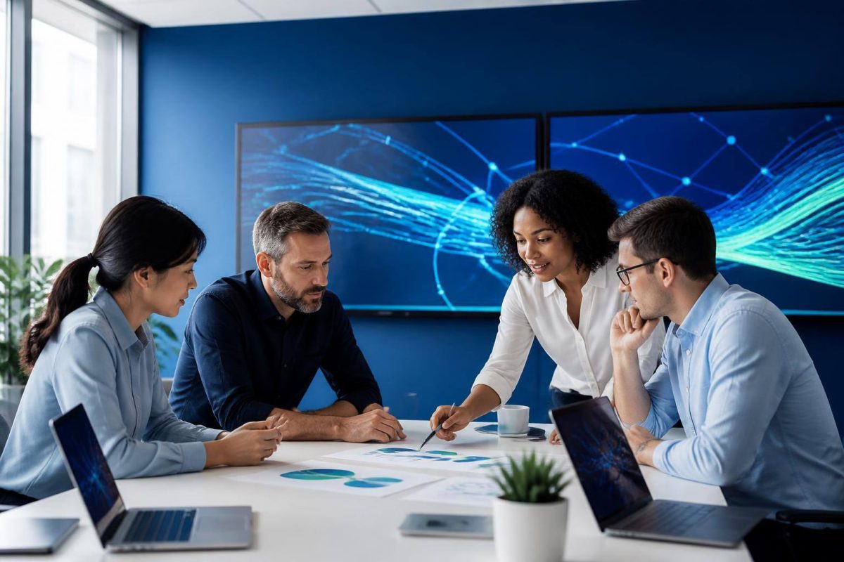 Equipo de marketing analizando una estrategia de búsqueda con inteligencia artificial
