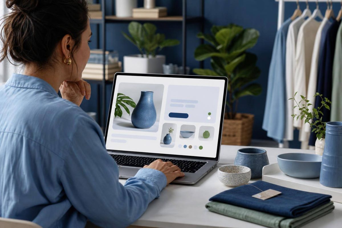Persona revisando una ficha de producto clara en una tienda online