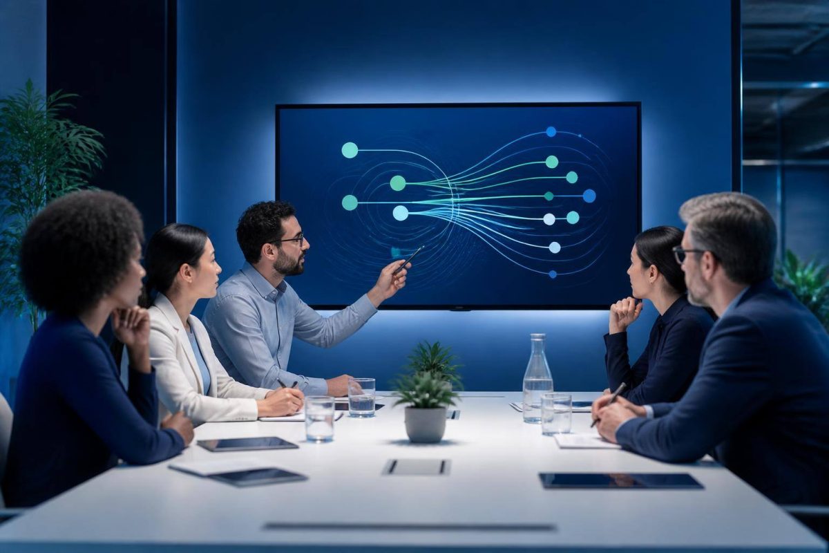 Equipo revisando un mapa visual de roles y permisos en una plataforma digital