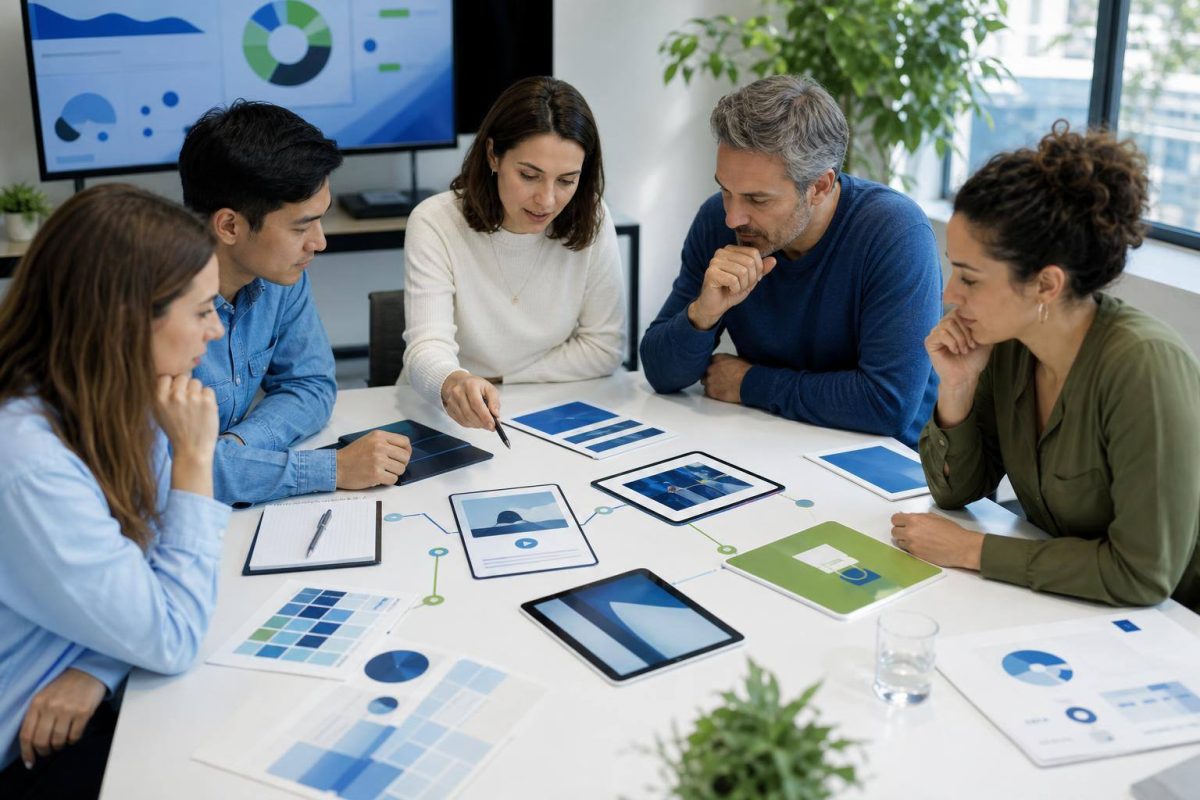 Equipo planificando una campaña de marketing digital mediante un sistema conectado