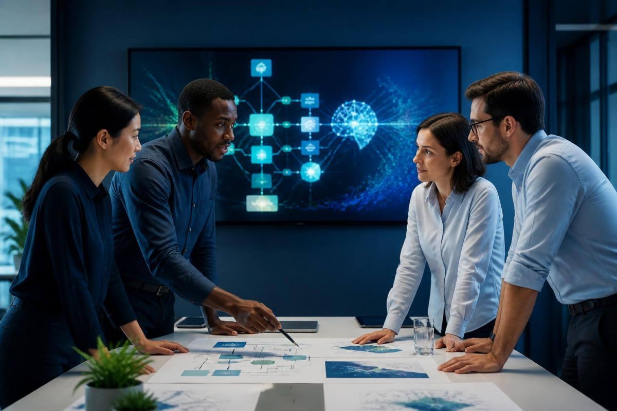 Equipo analizando un flujo de trabajo y una solución de inteligencia artificial en una pantalla