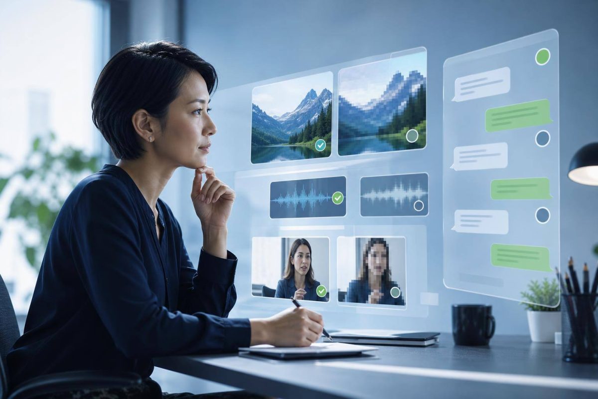 Persona evaluando contenido humano y sintético en una interfaz digital