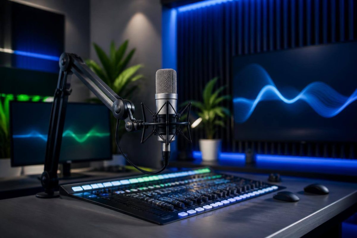 Estudio de radio online con micrófono, consola y ondas de audio abstractas