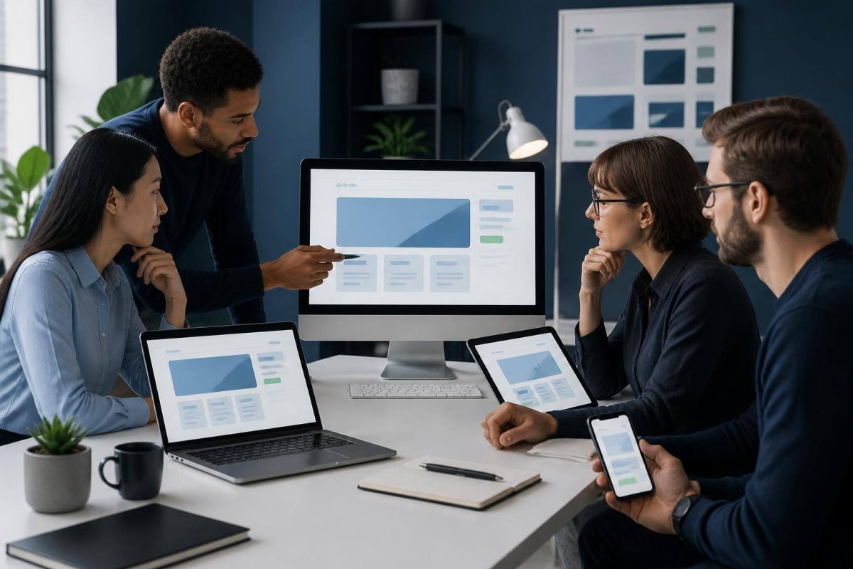 Equipo de desarrollo revisando la compatibilidad de un sitio web en distintos dispositivos
