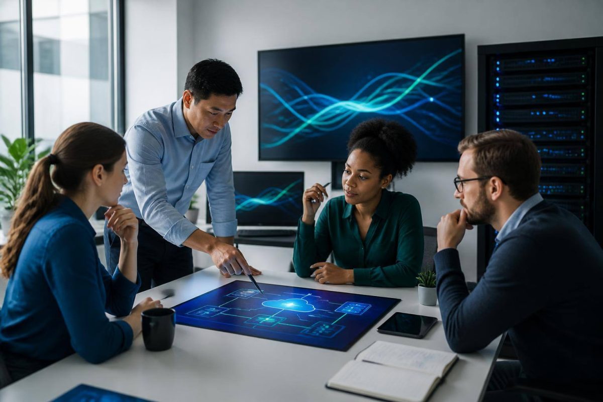 Equipo de trabajo revisando un plan de copias de seguridad y recuperación en pantallas