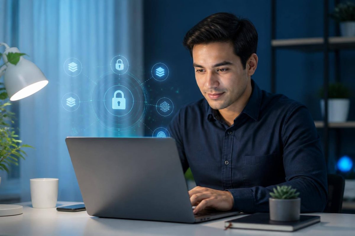 Persona organizando de forma segura sus cuentas online desde una computadora portátil