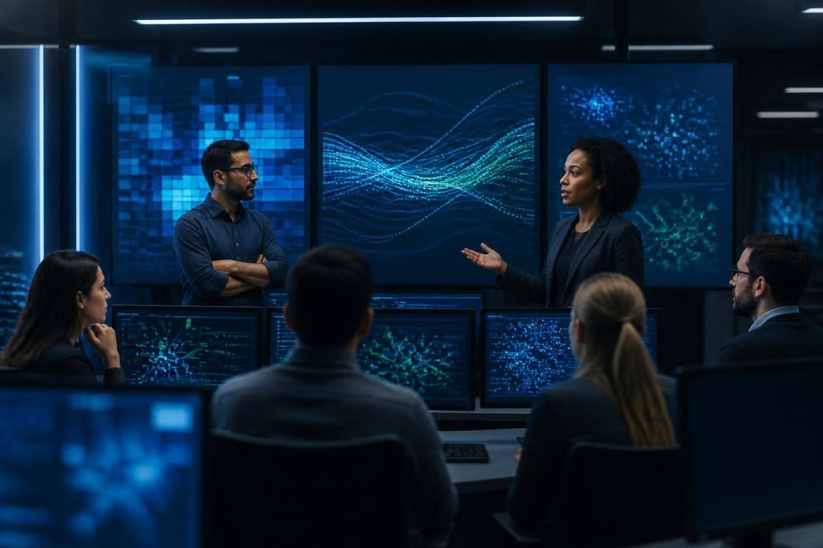 Equipo técnico revisando prioridades de actualizaciones de seguridad en paneles abstractos