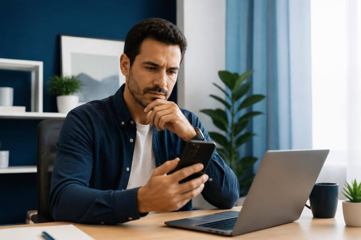 Persona revisando con calma un mensaje sospechoso en su teléfono junto a una computadora portátil