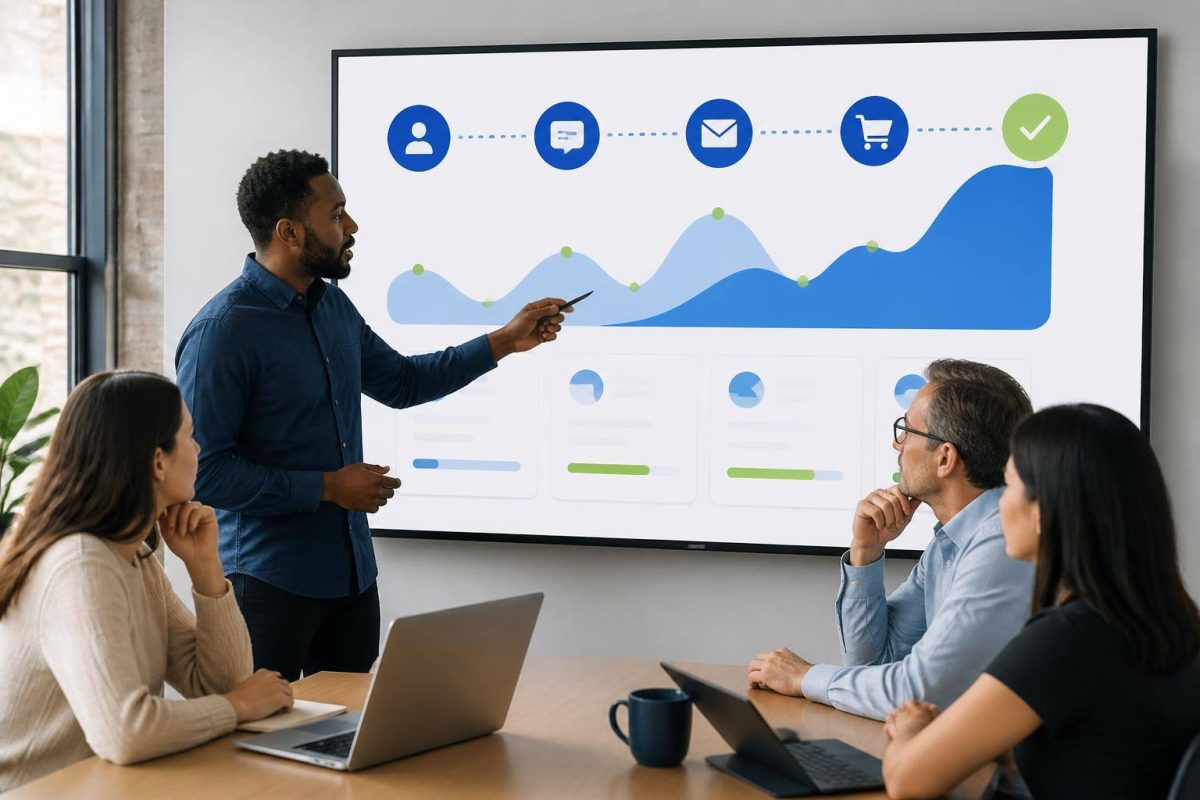 Equipo revisando en una pantalla el recorrido de consultas digitales hasta las ventas