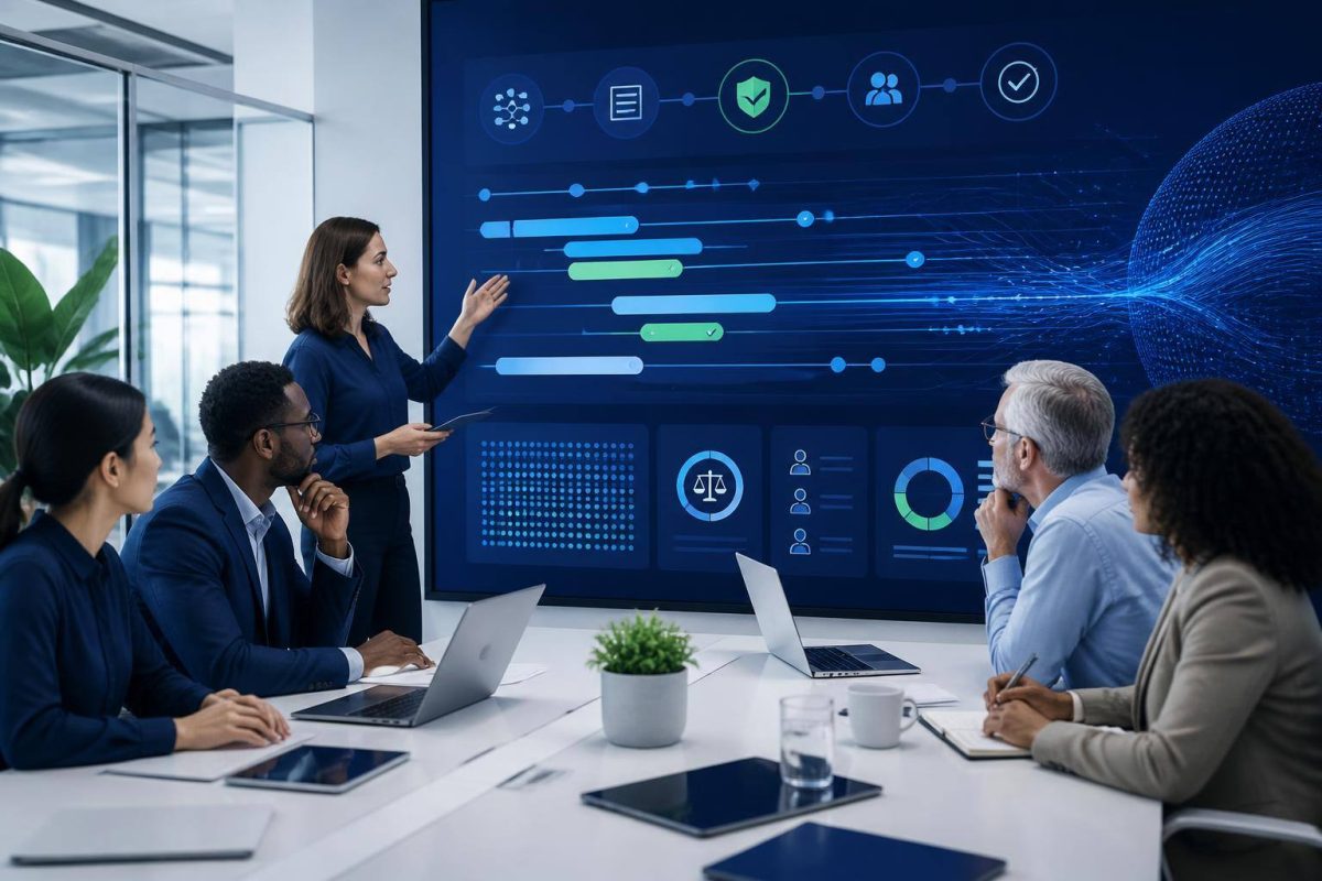 Equipo revisando un tablero de control de inteligencia artificial y cumplimiento