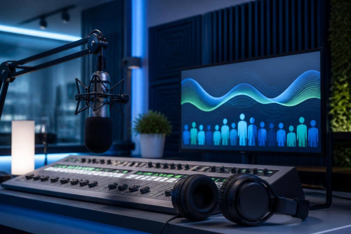 Equipo de radio online con panel de métricas de audiencia y ondas de audio