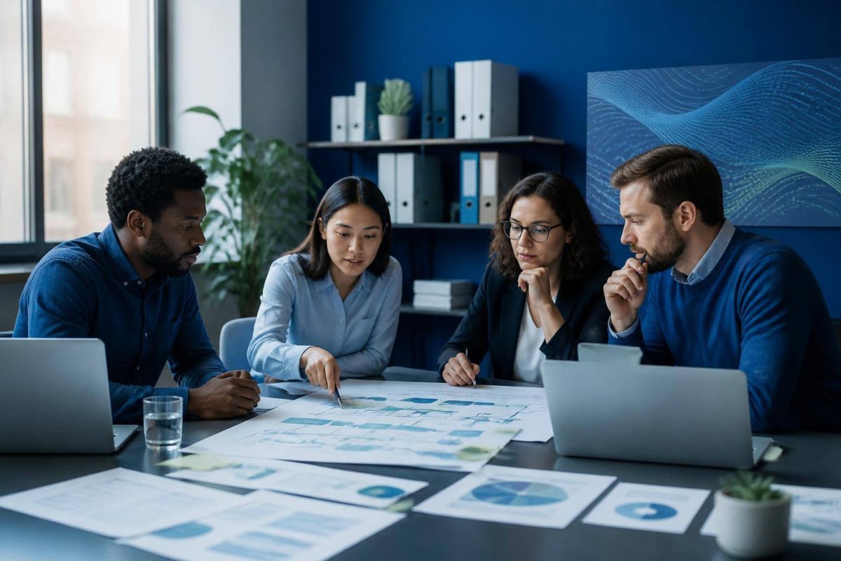 Equipo de trabajo revisa documentación y flujos de inteligencia artificial en una oficina moderna
