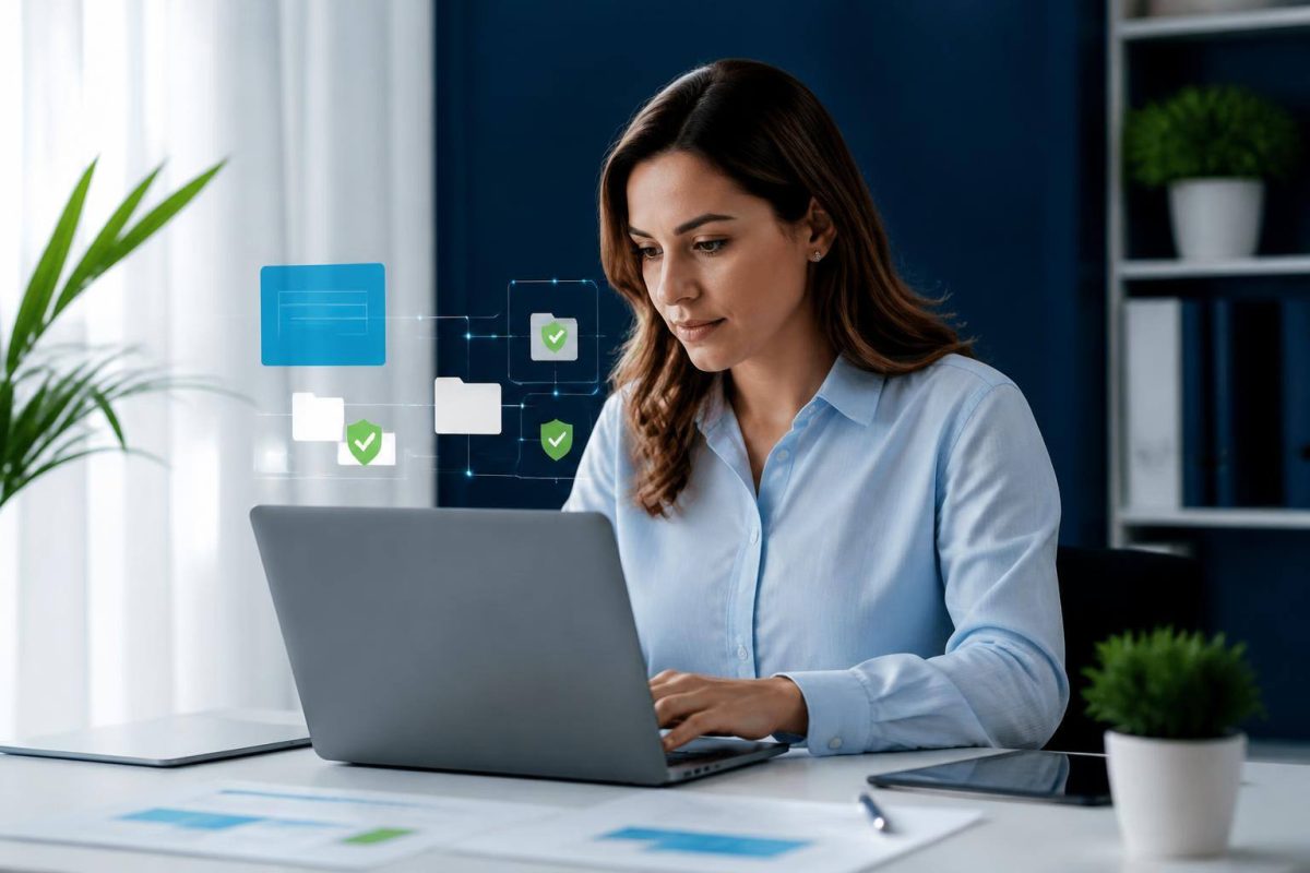 Profesional revisa documentos digitales compartidos en un espacio de trabajo seguro