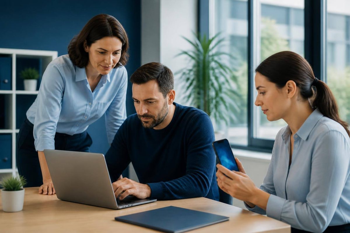 Pequeño equipo de trabajo protegiendo sus cuentas digitales con autenticación multifactor