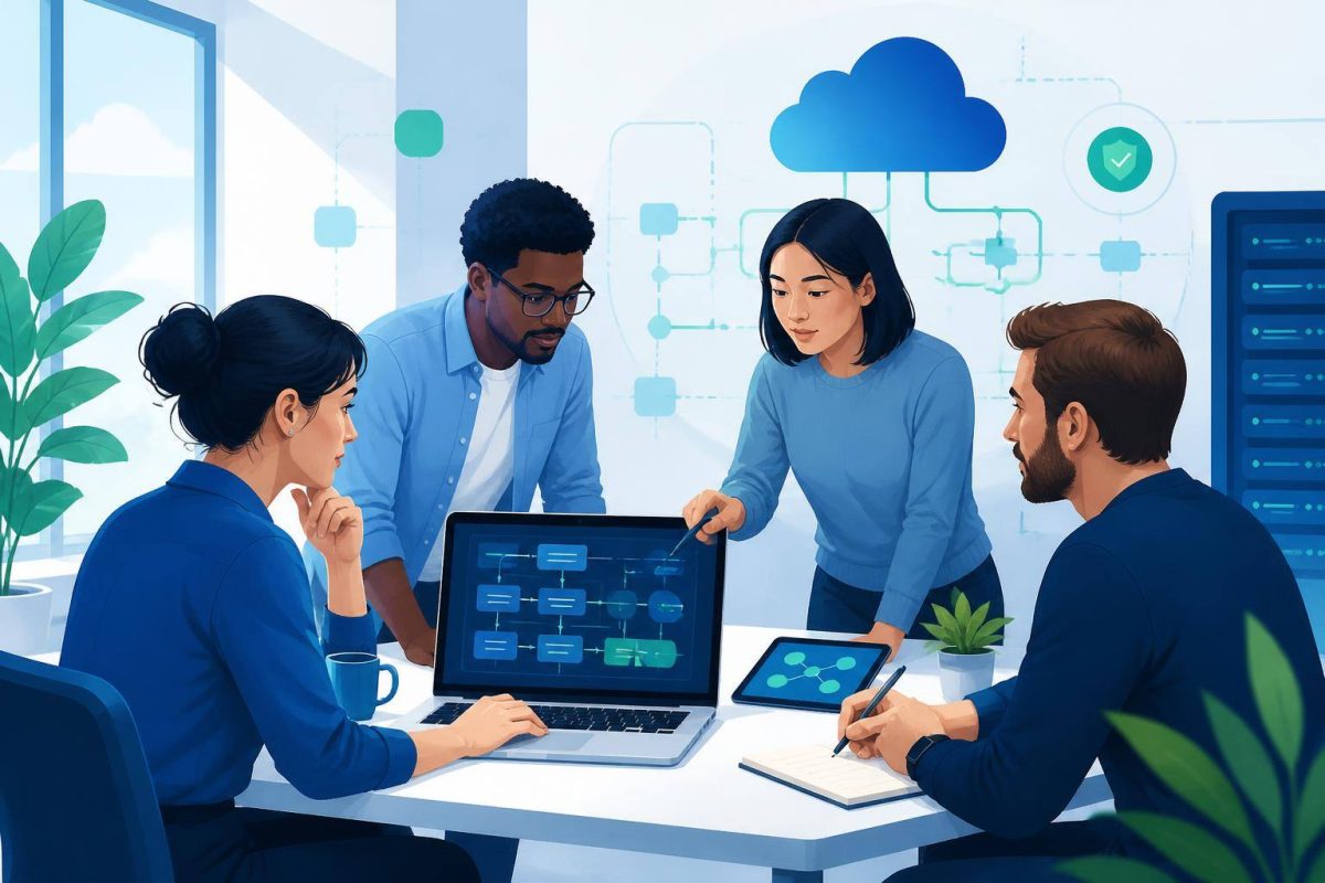 Equipo de trabajo organizando el mantenimiento de un sistema online frente a una pantalla con diagramas abstractos