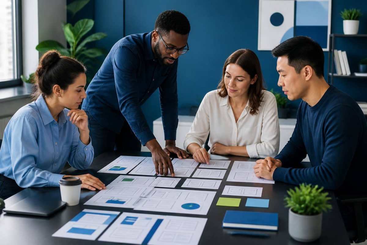 Equipo organizando en una pizarra la estructura y los contenidos de un sitio web