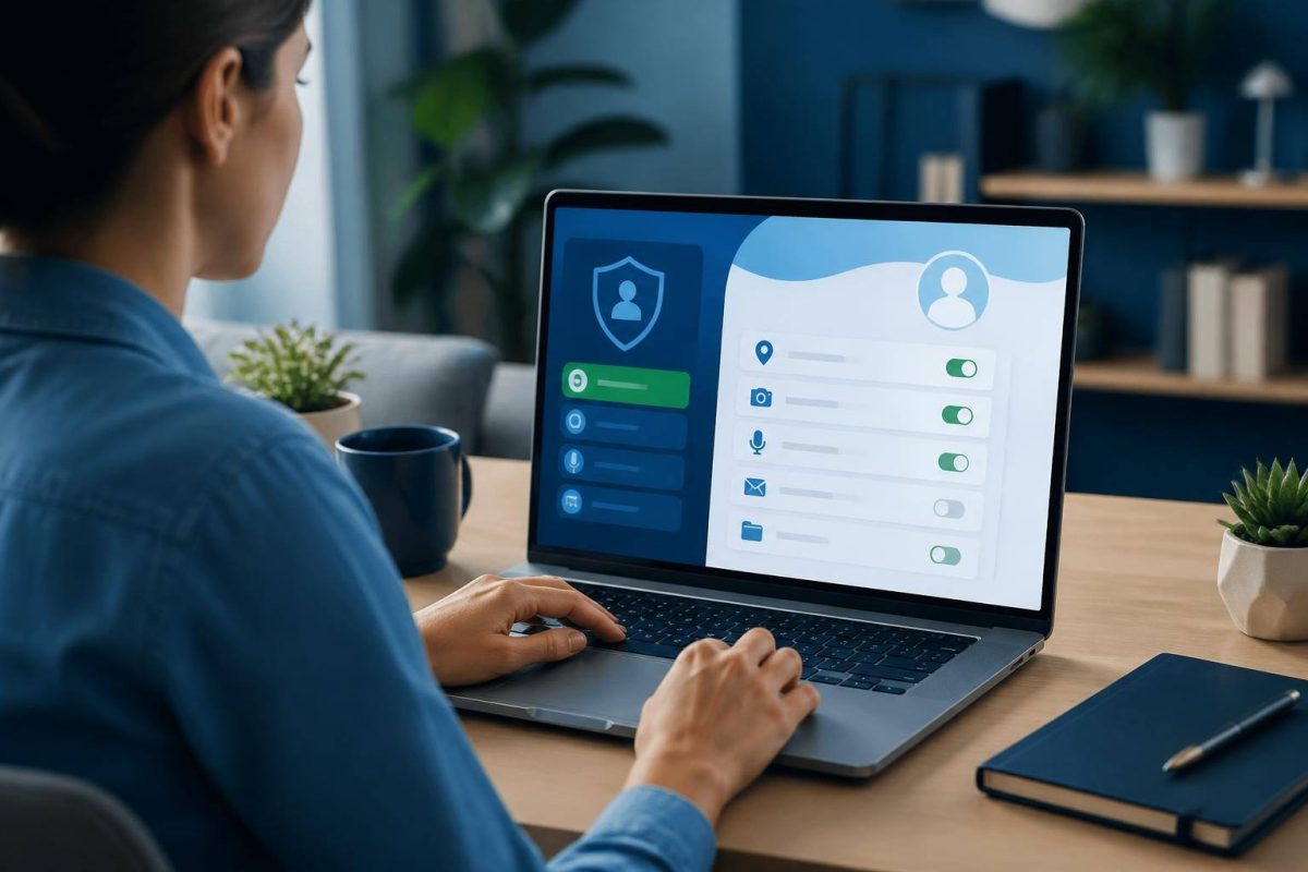 Persona revisando en una computadora los permisos y datos compartidos con servicios digitales