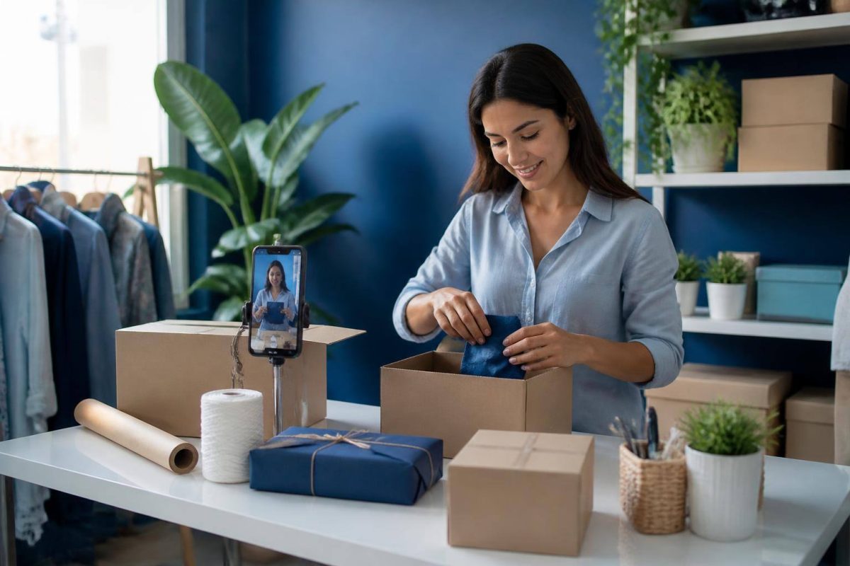 Comerciante preparando productos y contenidos para una tienda online durante la temporada de compras