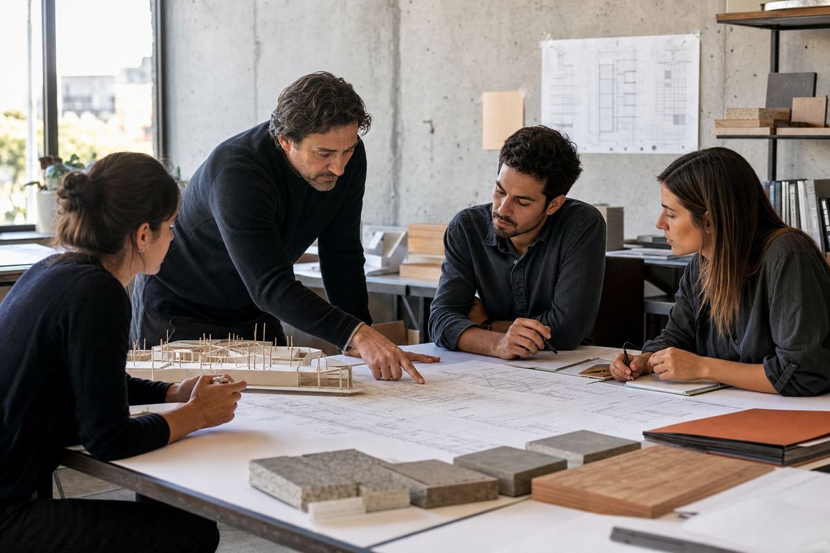 Equipo de arquitectura e ingeniería trabajando sobre planos y materiales