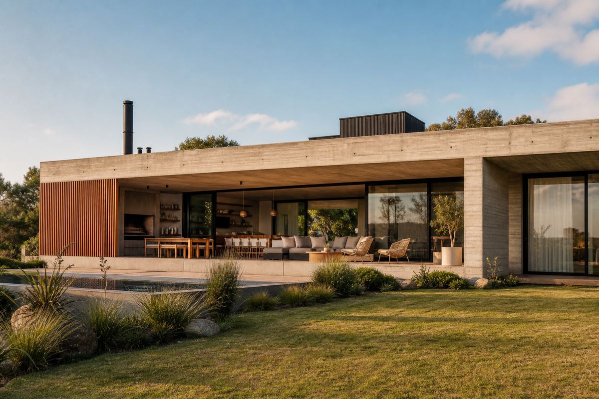 Casa contemporánea de hormigón y madera integrada al paisaje