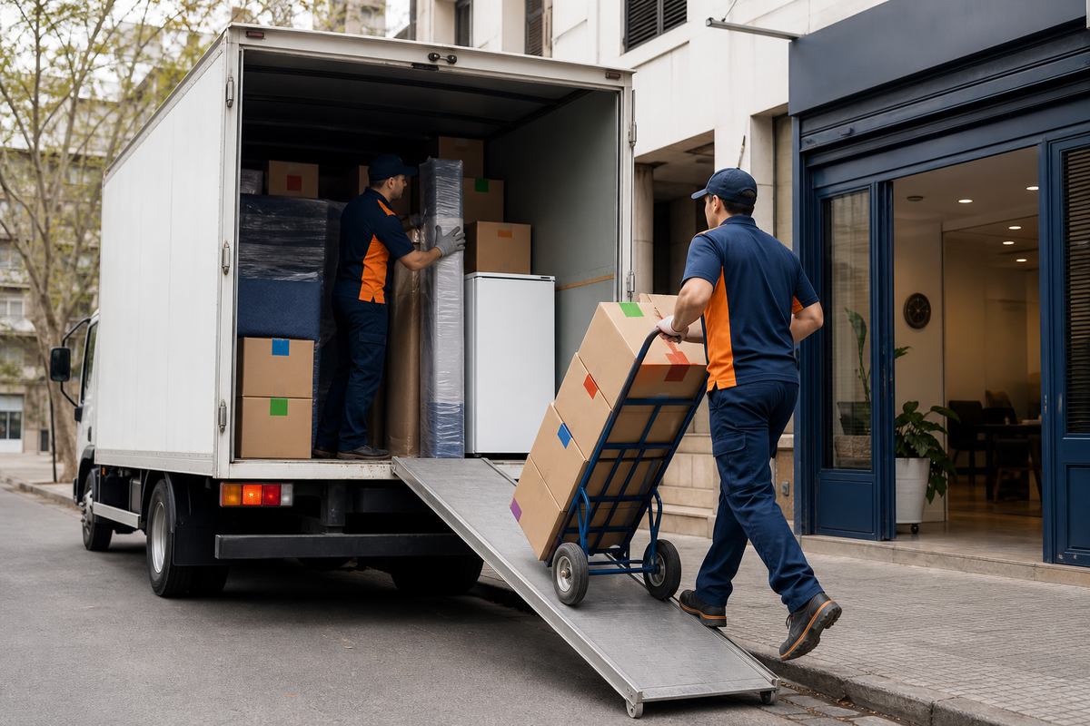 Carga organizada de cajas y mobiliario en camión