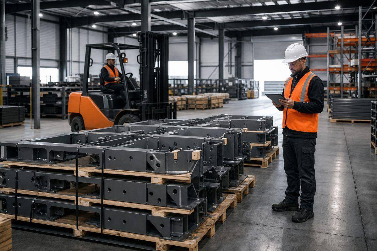 Coordinador revisando productos terminados en un depósito industrial