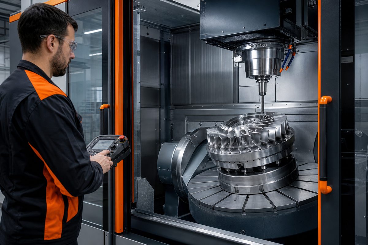 Operador supervisando una máquina CNC industrial
