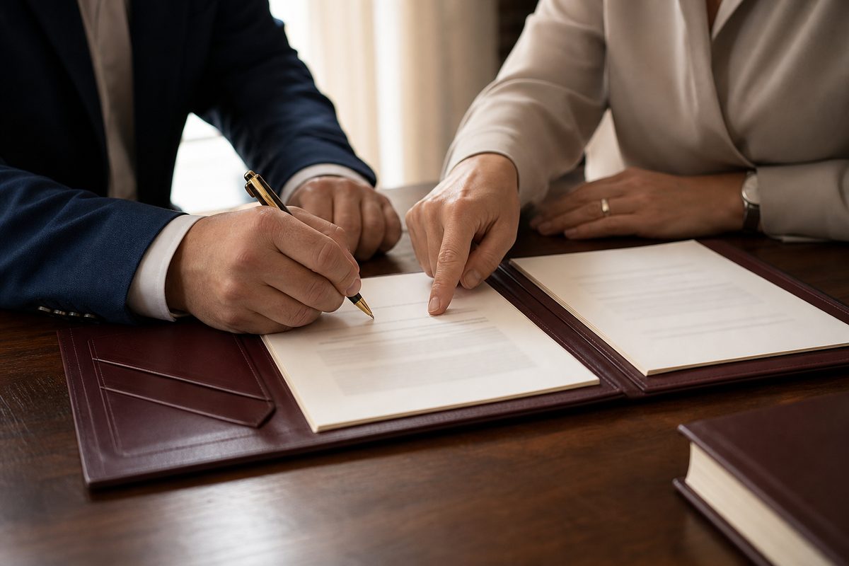 Firma de documentación acompañada por una profesional
