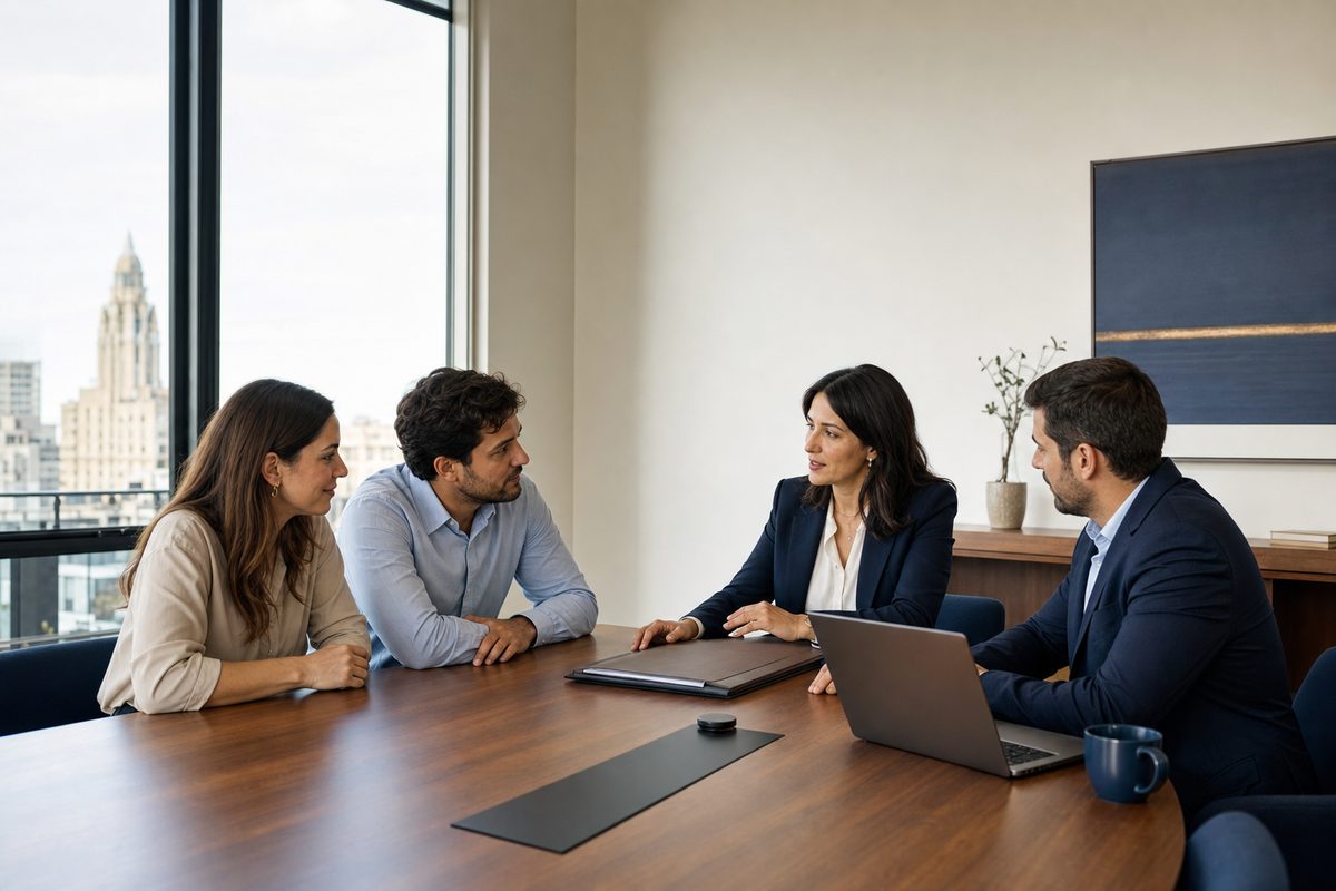 Equipo profesional conversando con clientes en una sala de reuniones