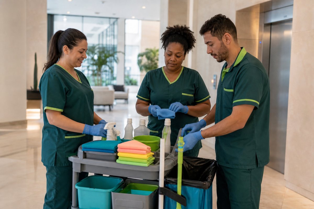 Equipo de limpieza organizando materiales antes del servicio